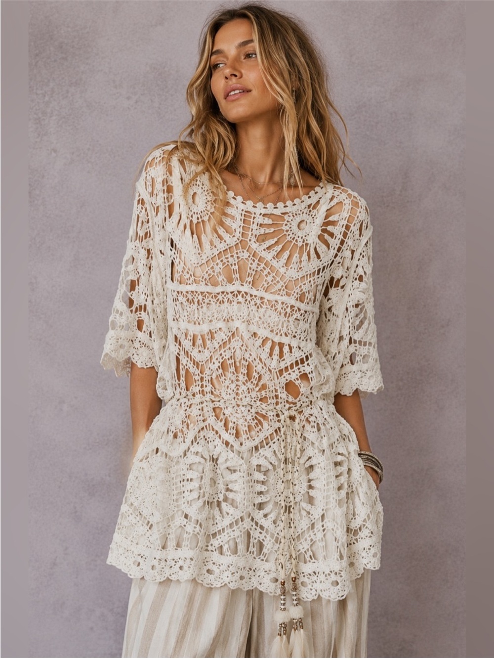 New: POL Open Knit Crochet Short Sleeve Tunic